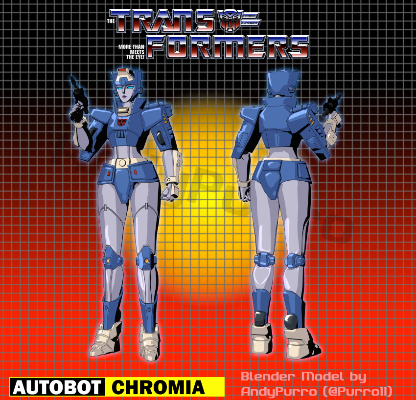 1girl 3d absurdres andypurro armor autobot blender_(medium) blue_eyes blue_panties chromia curvy front_and_back gun handgun helmet highres holding holding_weapon humanoid_robot insignia narrow_waist panties purple_lips robot robot_girl shoulder_armor solo transformers transformers:_generation_1 underwear weapon