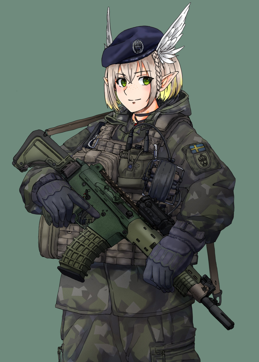 absurdres ak_5 alfhilde ammunition_pouch assault_rifle beret blonde_hair blush camouflage camouflage_jacket camouflage_pants commission fn_fnc gloves gradient_hair green_eyes gun hat head_wings highres indie_virtual_youtuber jacket katou_ittouhei looking_at_viewer magazine_(weapon) multicolored_hair pants photo-referenced pointy_ears pouch rifle skeb_commission smile solo swedish_flag swedish_uniform trigger_discipline weapon wings