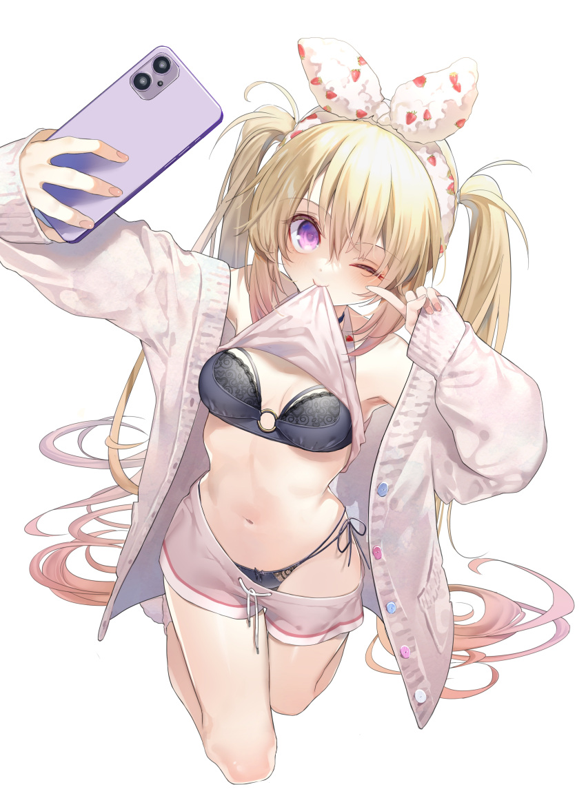 1girl absurdres bare_shoulders black_bra black_panties blonde_hair blush bow bow_hairband bow_panties bra breasts cardigan cellphone clothes_lift clothes_pull food_print full_body hairband highres holding holding_phone index_finger_raised kise_itsuki kneeling lace-trimmed_bra lace_trim lifted_by_self lingerie long_hair mouth_hold navel o-ring off_shoulder one_eye_closed open_cardigan open_clothes original panties phone purple_eyes shirt shirt_lift short_shorts shorts shorts_pull side-tie_panties simple_background sleeveless sleeveless_shirt small_breasts smartphone smile solo strawberry_print twintails underwear very_long_hair white_background