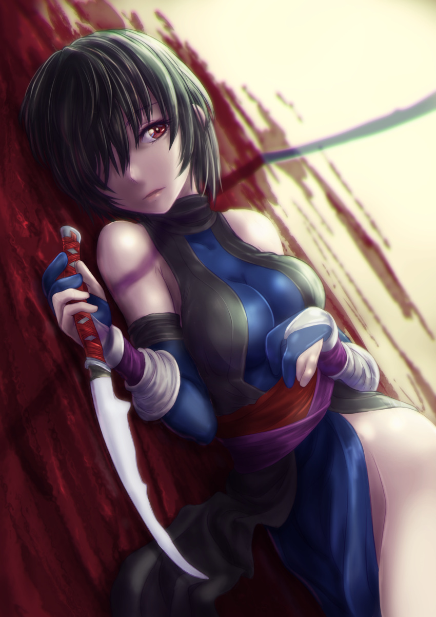 1girl absurdres bare_shoulders black_hair blood blue_gloves blue_kimono breasts closed_mouth dys elbow_gloves gloves hair_over_one_eye highres holding holding_sword holding_weapon japanese_clothes kimono looking_at_viewer lying on_back partially_fingerless_gloves pelvic_curtain red_eyes samurai_spirits shiki_(samurai_spirits) short_hair short_sword solo sword tantou weapon