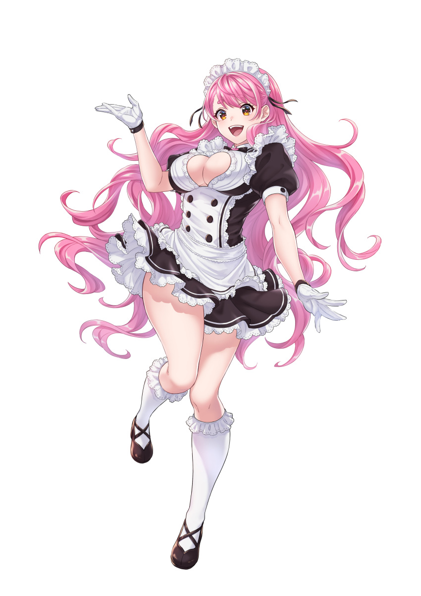 1girl :d absurdres aizono_manami aizono_manami_(1st_costume) apron black_dress breasts center_frills cleavage cleavage_cutout clothing_cutout dress frills gloves heart heart_cutout heart_in_eye highres hikimayu large_breasts long_hair looking_at_viewer maid maid_apron maid_headdress nijisanji open_mouth pink_hair puffy_short_sleeves puffy_sleeves shoes short_eyebrows short_sleeves simple_background smile socks solo symbol_in_eye tachi-e teeth thick_eyebrows thick_thighs thighs ujita upper_teeth_only very_long_hair virtual_youtuber white_apron white_background white_gloves white_socks yellow_eyes