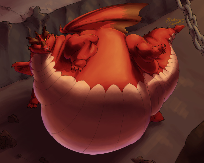 belly big_belly cageofmirrors_(artist) cave claws dragon feral hi_res horn immobile lying male membrane_(anatomy) membranous_wings morbidly_obese morbidly_obese_feral morbidly_obese_male obese obese_feral obese_male on_side overweight overweight_feral overweight_male red_body scales scalie solo spikes themberchaud western_dragon wings yellow_eyes