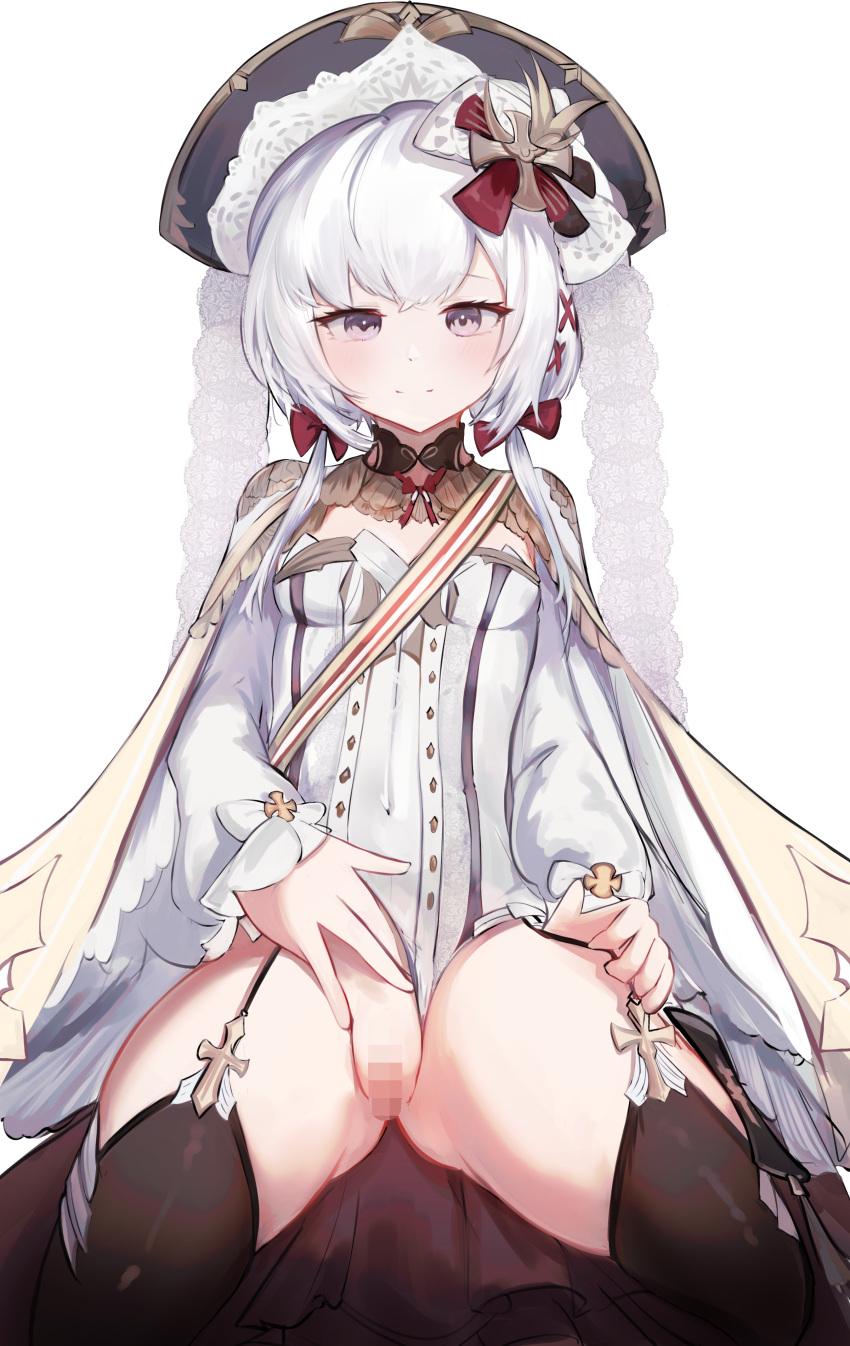 1girl absurdres ass_visible_through_thighs azur_lane black_thighhighs blush bow breasts buttons censored closed_mouth coat commentary_request covered_navel cross cross_fitchy cross_hair_ornament cross_patty double-breasted flandre_(azur_lane) garter_straps grey_eyes hair_bow hair_ornament hand_on_own_crotch hand_on_own_thigh hat highres latin_cross leotard light_smile long_sleeves looking_at_viewer mizuhashi_parusui mosaic_censoring pussy simple_background sitting sleeves_past_wrists small_breasts solo spread_legs thick_thighs thighhighs thighs white_background white_coat white_hair white_leotard