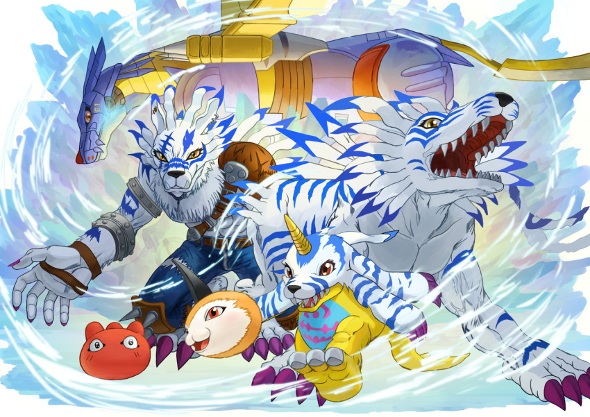 6+others claws digimon evolutionary_line gabumon garurumon horns looking_at_viewer metalgarurumon multiple_others no_humans open_mouth punimon reptile sharp_teeth teeth tunomon weregarurumon wolf wrongscale