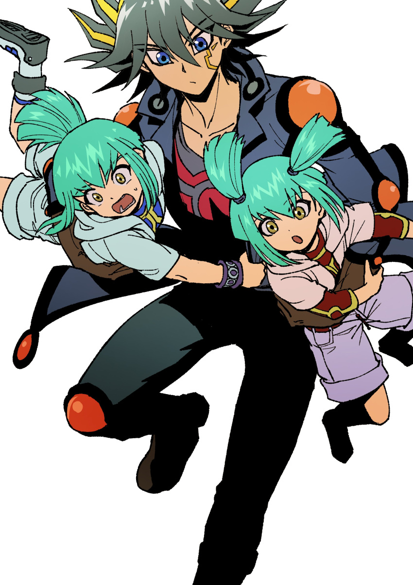 1girl 2boys :o absurdres black_hair blue_eyes blue_footwear blue_jacket blue_pants blue_shirt blue_shorts boots brother_and_sister brown_footwear brown_gloves carrying carrying_person carrying_under_arm child clothes_grab collarbone elbow_pads facial_mark facial_tattoo fudou_yuusei gloves green_hair hand_on_another's_arm hand_on_another's_waist high_ponytail highres hood hood_down hooded_jacket jacket knee_pads layered_sleeves long_sleeves lua_(yu-gi-oh!) luca_(yu-gi-oh!) marking_on_cheek multicolored_hair multiple_boys open_clothes open_jacket open_mouth pants pink_jacket ponytail purple_shorts red_shirt running shirt shoes short_hair short_ponytail short_sleeves short_twintails shorts shoulder_pads shouting siblings sidelocks simple_background spiked_hair streaked_hair sweatdrop tattoo twins twintails white_background wristband yellow_eyes youko-shima yu-gi-oh! yu-gi-oh!_5d's
