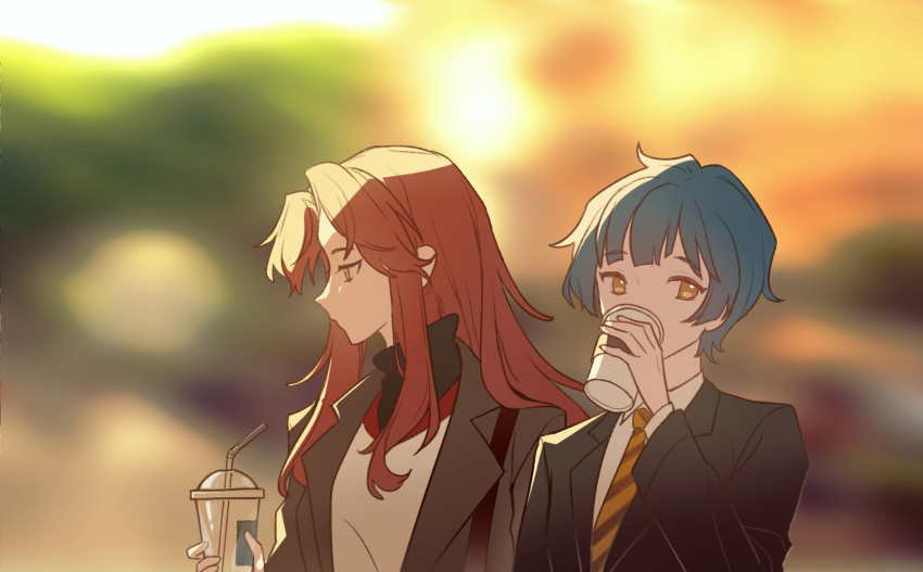 1boy 1girl as-zero black_coat black_jacket blue_hair blurry blurry_background coat collared_shirt cup daniel_(project_moon) disposable_cup highres holding holding_cup jacket kali_(project_moon) lobotomy_corporation long_hair long_sleeves necktie parted_bangs project_moon red_hair shirt sidelocks upper_body very_long_hair white_shirt wing_collar yellow_eyes yellow_necktie