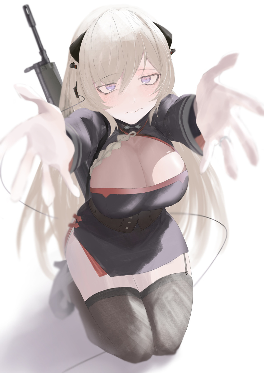 1girl black_corset black_dress black_thighhighs blonde_hair breasts cleavage closed_mouth corset dress eigo_ichii full_body g3_(girls'_frontline) g3_(mod3)_(girls'_frontline) garter_straps girls'_frontline high_heels highres light_blush long_hair long_sleeves looking_at_viewer medium_breasts purple_eyes seiza simple_background sitting solo thighhighs uniform weapon weapon_on_back