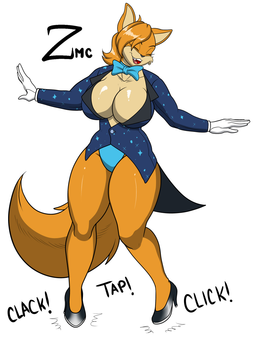 2018 5_fingers absurd_res alexandra_vixen_(fusiondragon180) anthro big_breasts black_tie_(suit) blue_bow_tie blue_clothing blue_coat blue_jacket blue_neckwear blue_panties blue_topwear blue_underwear breasts button_(fastener) canid canine canine_teeth cheek_tuft cleavage clothed clothing coat contact_onomatopoeia dance_shoes dancewear dancing eyebrows eyelashes eyes_closed facial_markings facial_tuft female fingers footwear fox fur glistening glistening_body glistening_breasts glistening_clothing glistening_footwear glistening_fur glistening_hair glistening_high_heels glistening_legs glistening_shoes gloves hair handwear head_markings hi_res high_heels huge_breasts impact_lines impact_onomatopoeia jacket mammal markings muzzle_(marking) onomatopoeia open_mouth open_smile orange_body orange_fur panties shoes simple_background smile snout snout_markings solo sound_effects sparkling_clothing suit tail tailcoat tan_body tan_fur tan_markings tap_dancing tap_shoes text thick_thighs topwear tuft underwear white_background white_clothing white_gloves white_handwear zeromccall