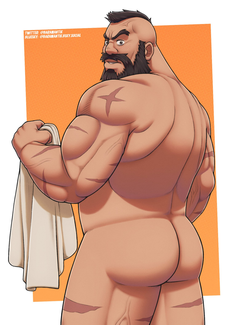 1boy ass back bara baramantik completely_nude forked_eyebrows from_behind full_beard highres looking_at_viewer looking_back male_focus mature_male mohawk muscular muscular_male nude old old_man plump scar_on_shoulder short_hair sideburns solo standing street_fighter street_fighter_6 strongman_waist thick_beard thick_mustache thick_thighs thighs two-tone_background veins veiny_thighs wrinkled_skin zangief