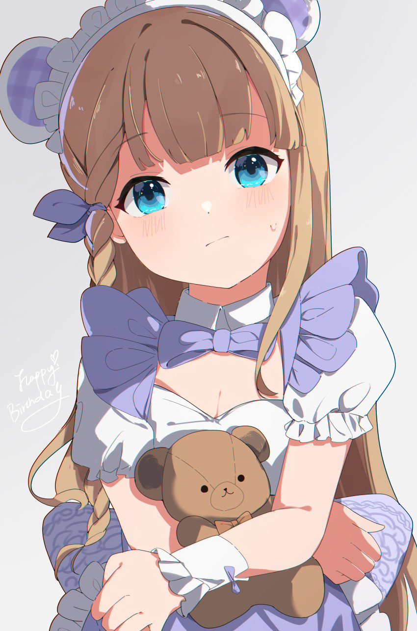 1girl :| absurdres animal_ears apron bear_ears blonde_hair blue_eyes blunt_bangs blush braided_sidelock breasts cleavage closed_mouth expressionless fake_animal_ears frilled_apron frills happy_birthday head_tilt highres hugging_object idoly_pride looking_at_viewer maid maid_headdress narumiya_suzu ooho0216 purple_apron shirt shrug_(clothing) simple_background small_breasts solo stuffed_animal stuffed_toy sweatdrop teddy_bear waist_apron white_background white_shirt