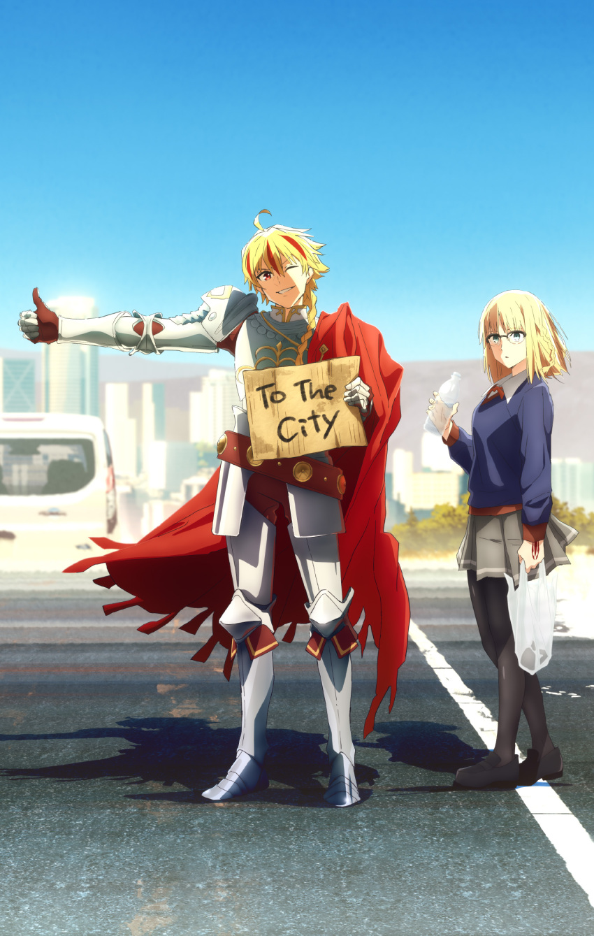 1boy 1girl absurdres armor belt blonde_hair blue_eyes braid cape car cropped desert fate/strange_fake fate_(series) full_armor gauntlets greaves highres highway hitchhiker's_thumb hitchhiking holding holding_sign key_visual knight looking_at_viewer motor_vehicle official_art one_eye_closed pantyhose plate_armor pleated_skirt promotional_art red_cape richard_i_(fate) road sajou_ayaka_(fate/strange_fake) short_hair shoulder_armor sign skirt smile sweater thumbs_up
