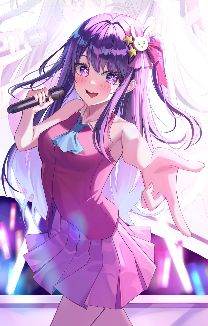 1girl absurdres ascot audience blue_ascot blush collared_dress dress glowstick hair_ornament hasom highres holding holding_microphone hoshino_ai_(oshi_no_ko) idol long_hair microphone one_side_up open_mouth oshi_no_ko pink_dress pink_ribbon pleated_skirt pointing purple_eyes purple_hair rabbit_hair_ornament ribbon sidelocks skirt sleeveless sleeveless_dress smile solo star_(symbol) star_hair_ornament swept_bangs teeth