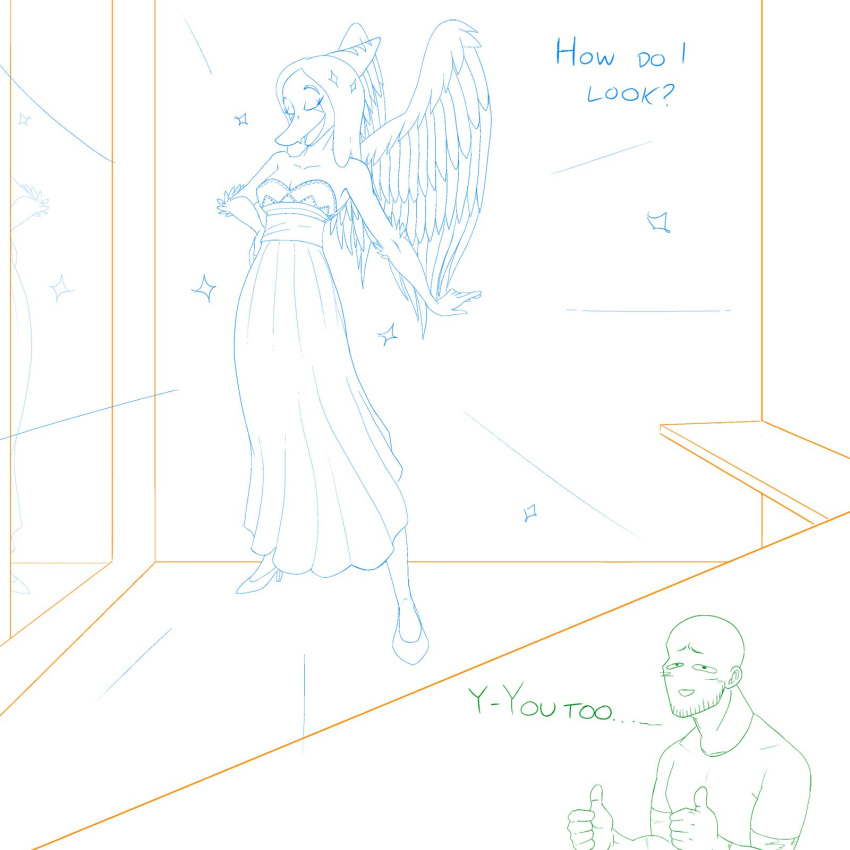 1:1 5_fingers anon_(snoot_game) anthro bald blue_and_white blush bone_frill clothed clothing comic dialogue dress duo english_text eyes_closed fang_(gvh) feathered_wings feathers female female_anthro fingers footwear frill_(anatomy) gesture goodbye_volcano_high hair hand_on_hip hi_res high_heeled_shoes high_heels human inside line_art male mammal monochrome open_mouth open_smile orange_and_white plantigrade protonmono pterodactylus pterosaur reptile scalie shirt shoes simple_background smile snoot_game snout solo_in_panel sparkles standing strapless_clothing strapless_dress stubble text thumbs_up topwear wings