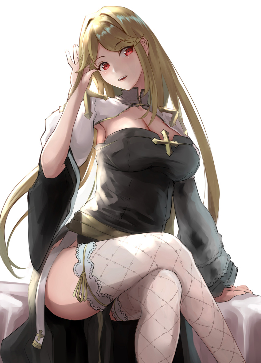 1girl :d absurdres arch_bishop_(ragnarok_online) black_dress blonde_hair breasts cleavage crossed_legs dress eyes_visible_through_hair hair_intakes hand_up high_collar highres large_breasts long_hair long_sleeves looking_at_viewer margaretha_sorin open_mouth ragnarok_online red_eyes ribbon ringed_eyes sail_(sail-away) shrug_(clothing) simple_background sitting smile solo swept_bangs teeth thighhighs thighs upper_teeth_only very_long_hair white_background white_thighhighs wide_sleeves yellow_ribbon
