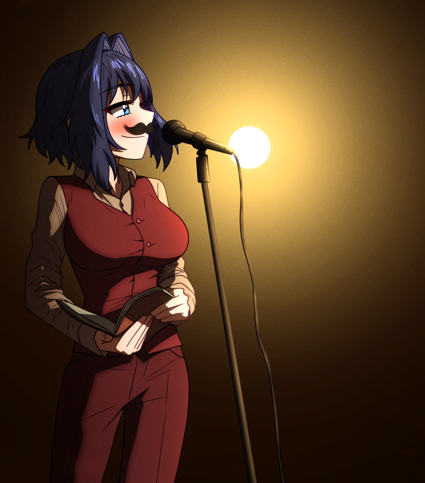 1girl absurdres blue_eyes blue_hair book breasts ddolbang fake_facial_hair fake_mustache highres hololive hololive_english large_breasts microphone microphone_stand ouro_kronii smile solo suit virtual_youtuber