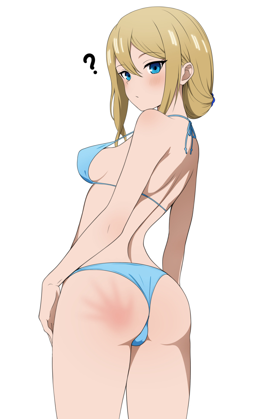 1girl ? absurdres ass bare_shoulders bikini blonde_hair blue_bikini blue_eyes blue_scrunchie blush breasts closed_mouth coro_fae from_behind hair_between_eyes hair_ornament hair_scrunchie halterneck hayasaka_ai highres kaguya-sama_wa_kokurasetai_~tensai-tachi_no_renai_zunousen~ long_hair looking_at_viewer medium_breasts paid_reward_available scrunchie sidelocks simple_background slap_mark solo spanked swimsuit thighs white_background