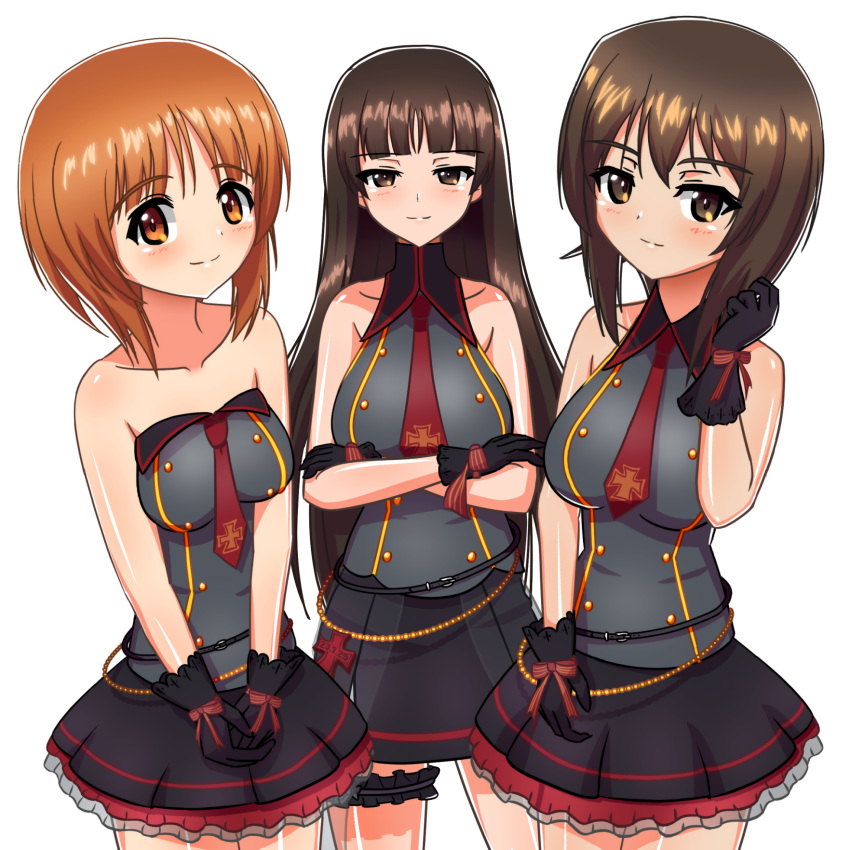 3girls black_dress black_eyes black_gloves black_hair blunt_bangs blush bridal_garter brown_eyes brown_hair closed_mouth collared_dress commentary crossed_arms dress earlobe1514366 frilled_dress frills girls_und_panzer girls_und_panzer_senshadou_daisakusen! gloves half-closed_eyes hand_in_own_hair highres idol long_hair looking_at_viewer mother_and_daughter multiple_girls necktie nishizumi_maho nishizumi_miho nishizumi_shiho official_alternate_costume own_hands_together red_necktie short_dress short_hair siblings side-by-side simple_background sisters sleeveless sleeveless_dress smile standing straight_hair strapless strapless_dress white_background