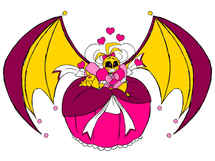 &lt;3 &lt;3_eyes 2022 4:3 absurd_res animatronic anthro avian ball_gown bird black_sclera bodily_fluids bottomwear bow_(feature) bow_accessory bow_ribbon buttface_(artist) chicken claws clothed clothing digital_media_(artwork) dress drooling eyebrows eyelashes fancy_clothing fangs feathers female five_nights_at_freddy's five_nights_at_freddy's_2 galliform gallus_(genus) gown hand_on_hip heart-shaped_pupils hi_res hyper_eyelashes machine phasianid pink_clothing pink_dress pink_eyes ribbons robot saliva scottgames simple_background skirt smile solo spread_wings teeth topwear toy_chica_(fnaf) white_background wings yellow_body