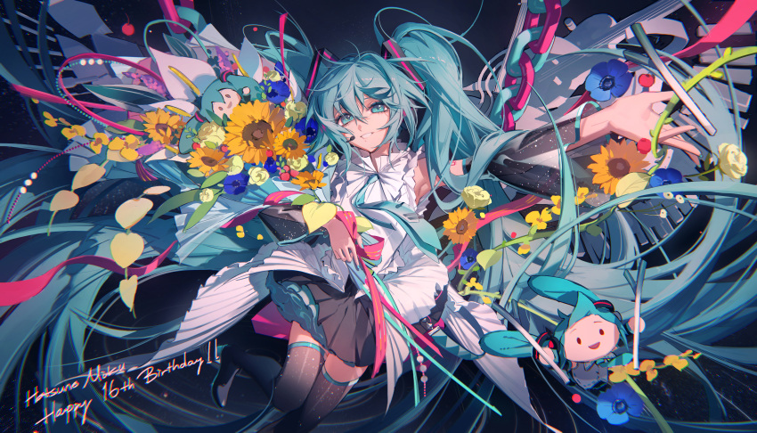 1girl absurdres aqua_eyes aqua_hair bouquet commentary_request detached_sleeves flower grin hatsune_miku highres holding holding_bouquet holding_flower long_hair looking_at_viewer number_tattoo nyansky smile solo tattoo teeth twintails very_long_hair vocaloid