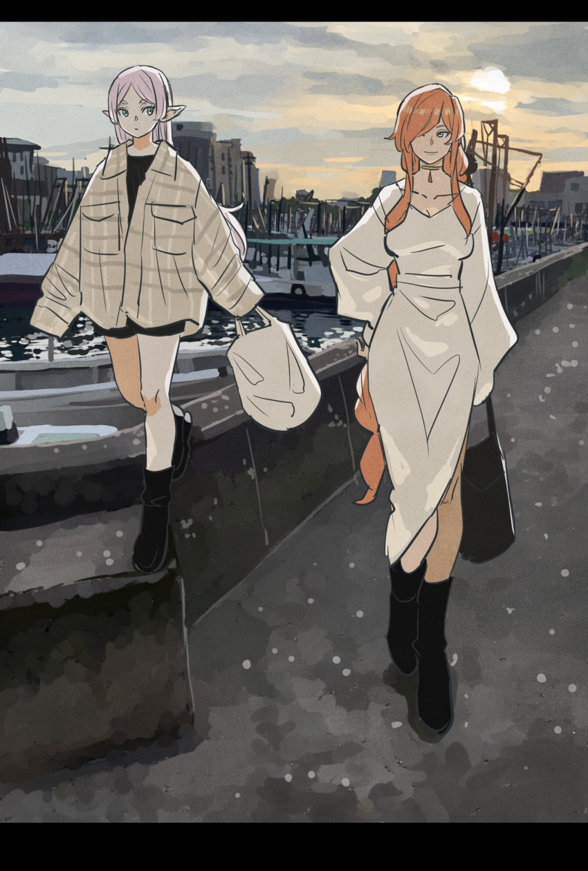 2girls bag black_bag black_footwear blue_eyes boat boots braid braided_ponytail breast_pocket breasts brown_shirt building city cleavage closed_mouth cloud cloudy_sky collarbone collared_shirt commentary_request dress elf eyelashes flamme_(sousou_no_frieren) frieren green_eyes hair_down hair_over_one_eye highres holding holding_bag jewelry large_breasts letterboxed long_hair long_sleeves looking_at_another multiple_girls neck_ring one_eye_covered orange_hair outdoors oversized_clothes oversized_shirt parted_bangs pocket pointy_ears puffy_long_sleeves puffy_sleeves shirt sidelocks sideways_glance sky sleeves_past_wrists smile sousou_no_frieren sun swept_bangs takeuchi_ryousuke very_long_hair walking water watercraft white_bag white_dress white_hair