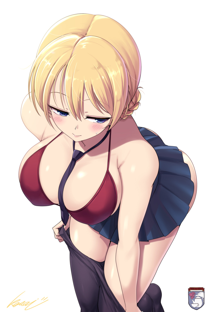 1girl black_necktie black_pantyhose blonde_hair blue_eyes blush bra braid breasts cleavage closed_mouth clothes_pull commentary_request darjeeling_(girls_und_panzer) emblem girls_und_panzer highres kasai_shin large_breasts light_blush looking_to_the_side medium_breasts necktie pantyhose pantyhose_pull pleated_skirt pulled_by_self short_hair signature simple_background skirt solo st._gloriana's_(emblem) twin_braids underwear undressing white_background