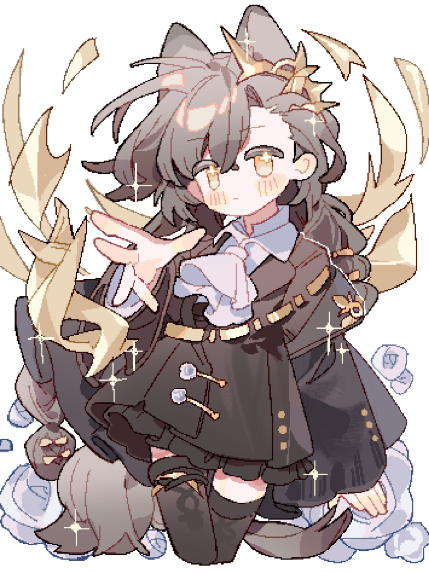 1girl animal_ears arknights ascot black_coat black_suit black_thighhighs blush brown_hair coat collared_shirt cropped_legs flower flower-shaped_pupils formal gold_trim hair_ornament highres light_frown long_hair long_sleeves looking_at_viewer outstretched_hand penance_(arknights) pixelated rose saucer_(saucer752) shirt simple_background solo sparkle suit swept_bangs symbol-shaped_pupils thighhighs white_background white_flower white_rose white_shirt wolf_ears yellow_eyes