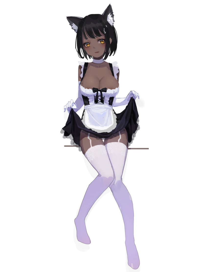 1girl animal_ear_fluff animal_ears apron areola_slip black_dress black_hair breasts cat_ears choker cleavage closed_mouth clothes_lift dark-skinned_female dark_skin de_yi dress dress_lift elbow_gloves full_body garter_straps gloves highres large_breasts lifted_by_self looking_at_viewer maid maid_apron no_shoes orange_eyes original panties short_dress short_hair simple_background sitting solo thighhighs transparent_background underwear white_choker white_gloves white_panties white_thighhighs