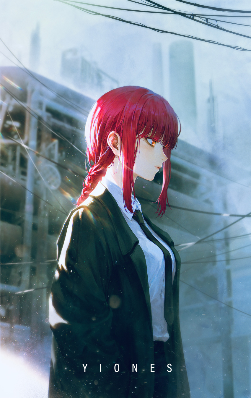 1girl absurdres artist_name black_coat black_necktie black_pants braid braided_ponytail building chainsaw_man closed_mouth coat collared_shirt day dress_shirt expressionless formal from_side hands_in_pockets highres makima_(chainsaw_man) necktie office_lady outdoors pants power_lines red_hair ringed_eyes shirt shirt_tucked_in sidelocks single_braid solo standing white_shirt wire yiones