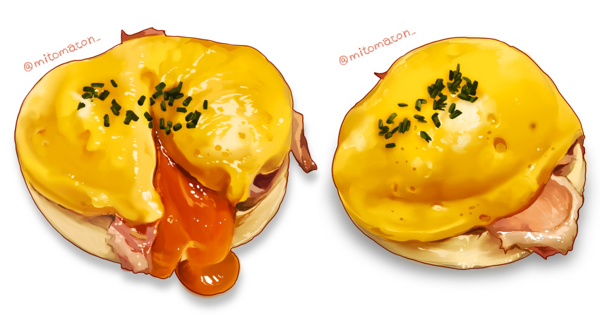 artist_name bacon chives egg_(food) eggs_benedict food food_focus highres mitomaton no_humans original realistic simple_background still_life twitter_username white_background