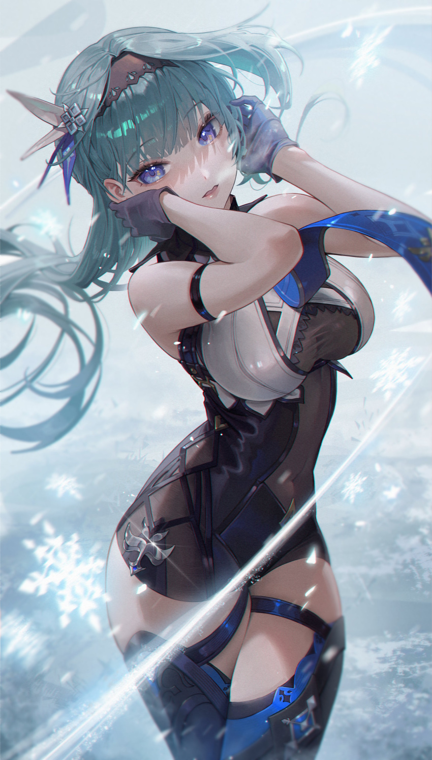 1girl absurdres bare_shoulders black_gloves black_hairband blue_eyes blue_hair blue_necktie boots breasts commentary covered_navel eula_(genshin_impact) floating_hair genshin_impact gloves hair_ornament hairband hand_up highres large_breasts long_hair looking_at_viewer necktie parted_lips snowflakes solo sssong_aa standing symbol-only_commentary thigh_boots