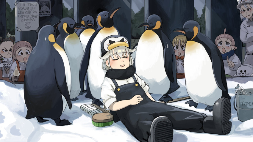 6+girls bird black_footwear black_overalls bucket diva_(hyxpk) duck emperor_penguin fish_bone food grey_hair highres ice_cream multiple_girls overalls penguin penguin_fan_(diva) penguin_keeper_(zookeepers) pointing polar_bear_keeper_(zookeepers) poster_(object) red_overalls shirt sleeping survey_girl_(zookeepers) white_shirt zookeepers