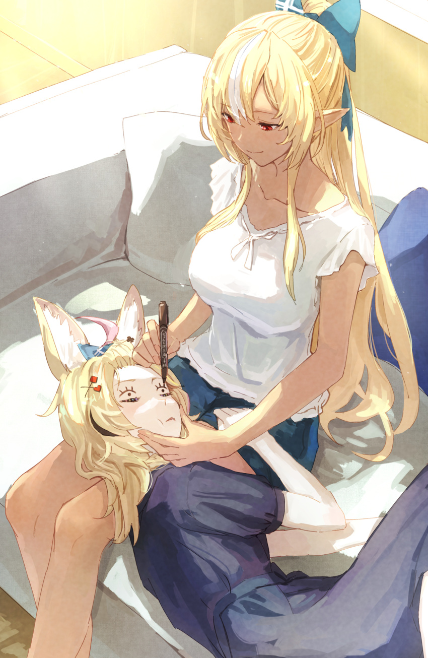 2girls alternate_costume animal_ears bare_legs black_hair black_shirt black_skirt blonde_hair blue_bow blue_shorts bow breasts casual cheek_squash closed_mouth commentary couch diamond_hair_ornament drawing_on_another's_face feet_out_of_frame fox_ears hair_bow hair_ornament hair_pulled_back hairclip hand_on_another's_face heart heart_hair_ornament highres holding holding_marker hololive indoors lap_pillow legs long_hair lying makeup marker mascara medium_breasts medium_hair multicolored_hair multiple_girls omaru_polka on_side pillow pink_hair ponytail red_eyes shiranui_flare shirt short_shorts short_sleeves shorts sidelocks sitting skirt sleeping smile translated two-tone_hair virtual_youtuber wavy_hair white_hair white_shirt yami_ara