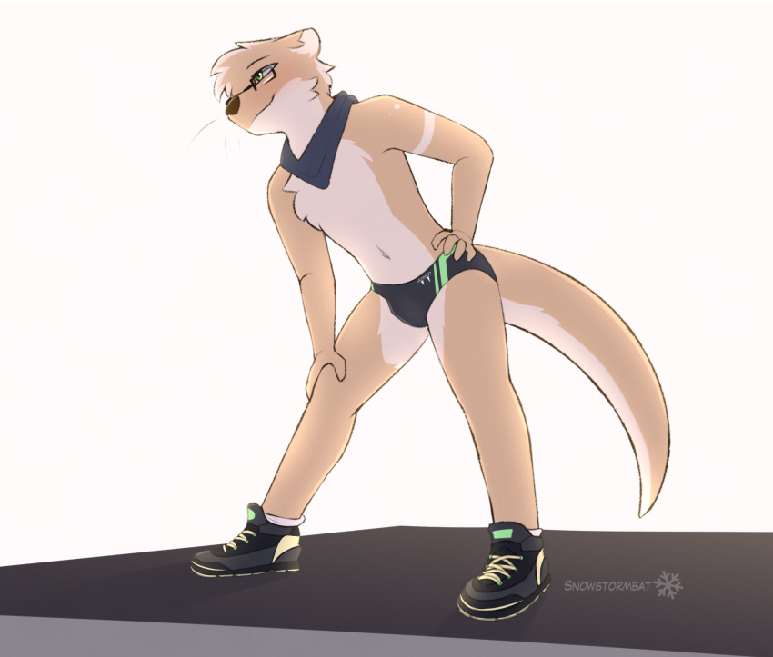 adrian_(snowstormbat) alternate_version_at_source anthro bandanna blush bulge clothing eyewear footwear girly glasses hi_res kerchief male mammal mustelid otter shoes simple_background snowstormbat socks speedo standing stretching swimwear