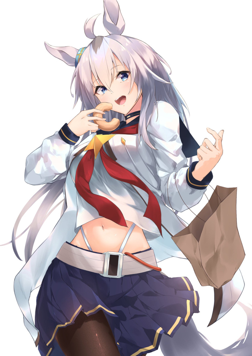 1girl ahoge bag black_choker black_pantyhose blue_eyes blue_skirt choker cowboy_shot doughnut ear_ornament food food_bite grey_hair hair_between_eyes highres holding holding_bag holding_food looking_at_viewer midriff multicolored_hair navel neckerchief oguri_cap_(umamusume) open_mouth pantyhose paper_bag red_neckerchief shirt simple_background skirt smile solo streaked_hair tamazon umamusume white_background white_shirt