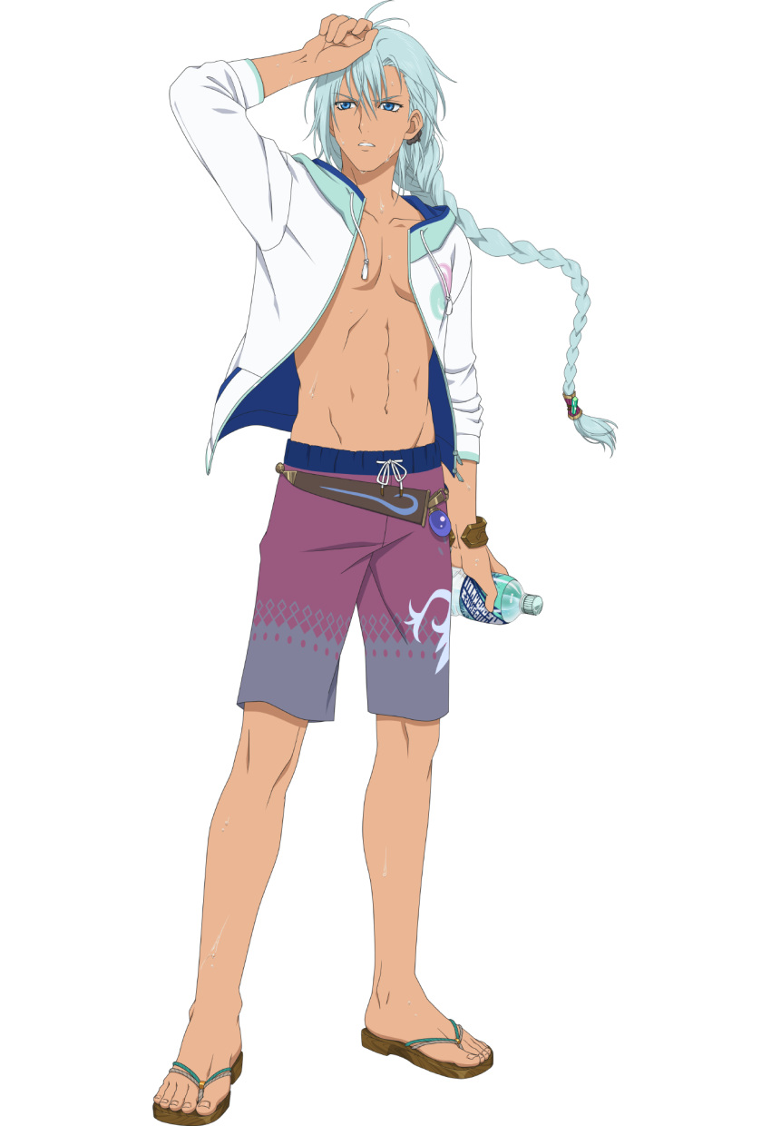 1boy aqua_hair blue_eyes bottle braid english_commentary feet full_body hair_between_eyes highres holding holding_bottle long_hair male_focus male_swimwear middle_finger official_art open_clothes open_shirt solo swim_trunks tales_of_(series) tales_of_asteria tales_of_rebirth toenails toes topless_male transparent_background veigue_lungberg