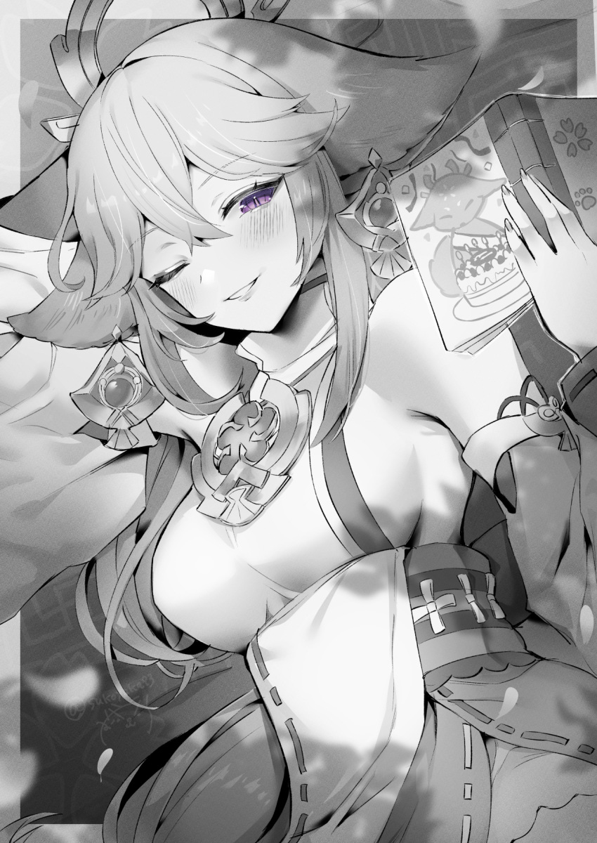 1girl animal_ears blush book breasts commentary_request earrings fox_ears genshin_impact highres holding holding_book jewelry medium_breasts monochrome nontraditional_miko one_eye_closed parted_lips purple_eyes sideboob smile solo sukoyaka93 upper_body yae_miko