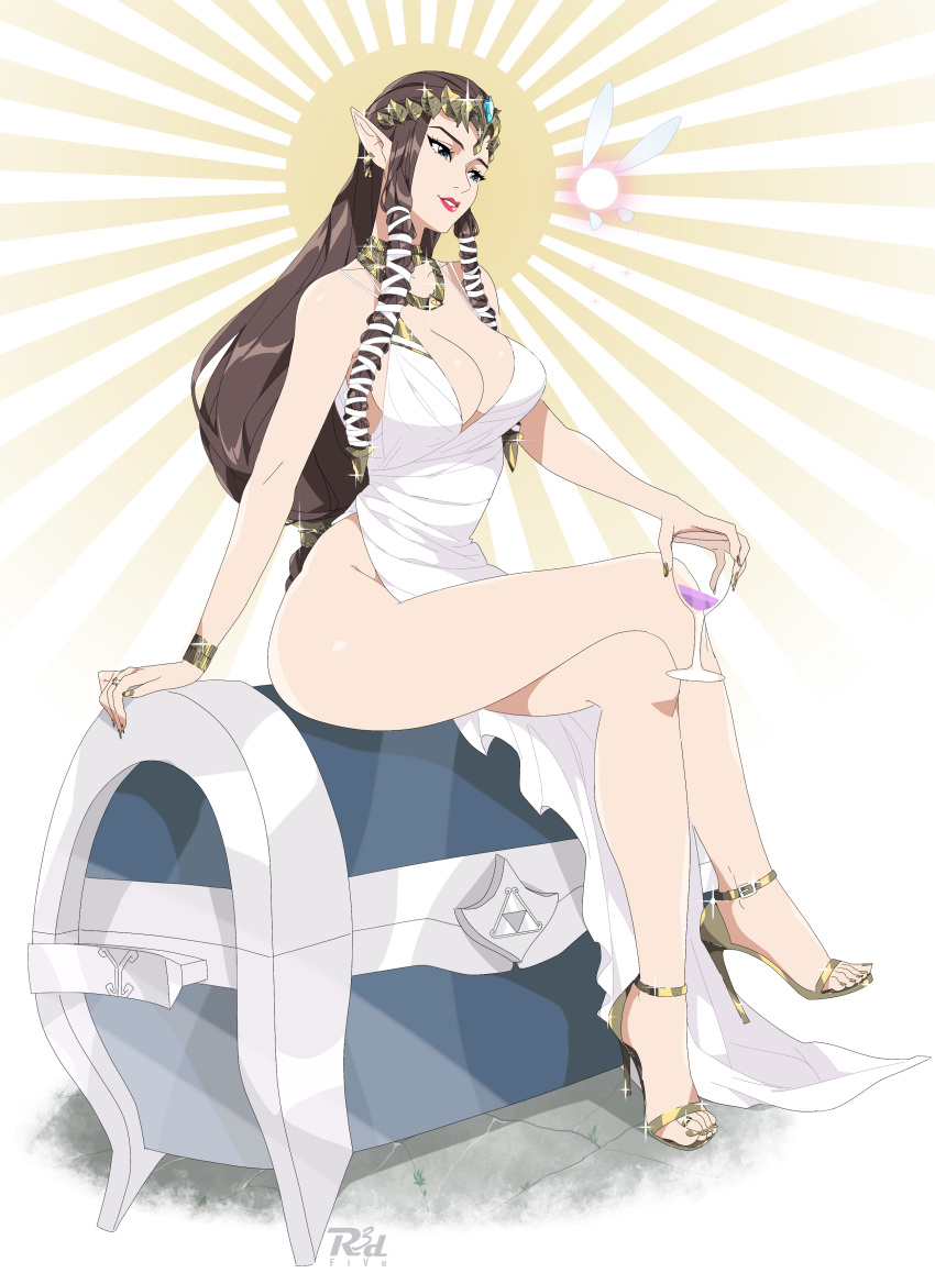 1girl absurdres alternate_costume arm_support artist_logo bare_legs bare_shoulders bracelet breasts brown_hair cleavage collarbone commentary crossed_legs cup dress drinking_glass earrings english_commentary eyelashes feet full_body gold_footwear gold_nails hair_tubes high_heels highres holding jewelry large_breasts legs lens_flare long_hair looking_at_another mixed-language_commentary nail_polish navi parted_lips pink_lips pointy_ears princess_zelda r3dfive shiny_skin sidelocks sitting sleeveless sleeveless_dress stiletto_heels strappy_heels the_legend_of_zelda the_legend_of_zelda:_twilight_princess thighs toe_ring toenail_polish toenails toes treasure_chest white_dress wine_glass