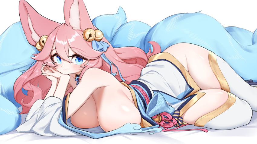 1girl ahri_(league_of_legends) animal_ears bare_shoulders bell blue_bow blue_eyes blue_tail bow breast_press breasts closed_mouth facial_mark fox_ears fox_girl fox_tail hair_bell hair_between_eyes hair_bow hair_ornament hand_on_own_cheek hand_on_own_face highres huge_breasts japanese_clothes jingle_bell kimono kitsune league_of_legends long_hair looking_at_viewer lying multiple_tails no_panties obi on_side pink_hair platform_footwear sandals sash simple_background smile solo spirit_blossom_(league_of_legends) spirit_blossom_ahri tail thighhighs thighs whisker_markings white_background white_kimono white_thighhighs wide_sleeves yabby