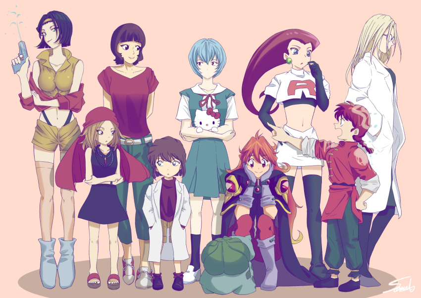 6+girls ayanami_rei bandana belt black_cape black_dress black_gloves black_hair black_shirt blonde_hair blue_footwear blue_hair blue_skirt blunt_bangs bow brown_eyes brown_hair bulbasaur cape character_request chinese_clothes cowboy_bebop dress earrings faye_valentine glasses gloves green_pants grey_gloves haibara_ai hand_on_own_hip hands_in_pockets hello_kitty hello_kitty_(character) highres holding holding_water_gun jacket jessie_(pokemon) jewelry kyouyama_anna lab_coat lina_inverse long_hair meitantei_conan multiple_girls navel necklace pants paprika paprika_(character) pointing pokemon pokemon_(anime) pokemon_(classic_anime) ranma-chan ranma_1/2 red_bandana red_bow red_eyes red_jacket red_pants red_ribbon red_shirt ribbon sandals school_uniform shaman_king shirt shoes short_hair short_sleeves shorts skirt slayers smile sneakers sooma4869 squatting thighhighs tokyo-3_middle_school_uniform voice_actor_connection water_gun white_belt white_footwear white_shirt white_skirt yellow_jacket yellow_shorts