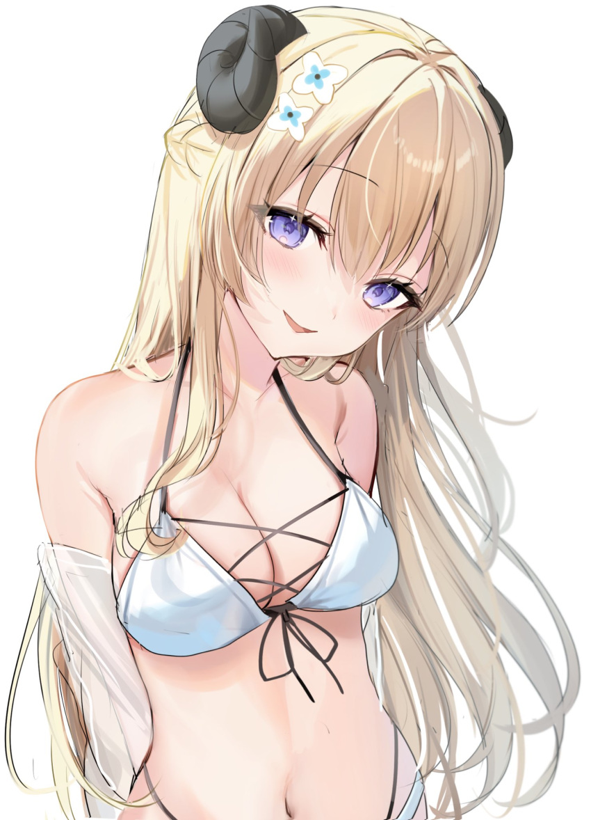 1girl bare_shoulders bikini blonde_hair blush braid cross-laced_bikini cross-laced_clothes curled_horns flower front-tie_bikini_top front-tie_top hair_flower hair_ornament halterneck head_tilt highres hololive horns iruka3 long_hair navel parted_lips purple_eyes sheep_girl sheep_horns simple_background smile solo stomach swimsuit tsunomaki_watame virtual_youtuber white_background white_bikini