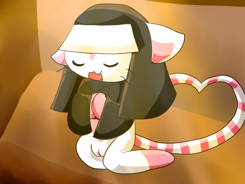 2023 4:3 anthro black_clothing clothing domestic_cat eyes_closed felid feline felis female fur genitals hi_res kneeling linda_(mail_de_cute) mail_de_cute mammal nun nun_outfit open_mouth pink_stripes pussy solo stripes tail thepinkpandacat white_body white_fur