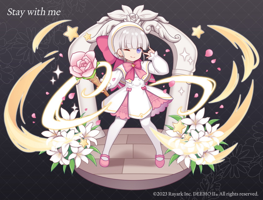1girl ;) \m/ beret blue_eyes bow capelet character_request closed_mouth deemo dress english_text flower grey_hair hat hat_bow hitsuki_rei holding holding_staff long_sleeves looking_at_viewer official_art one_eye_closed pantyhose petals pink_bow pink_flower pink_footwear puffy_long_sleeves puffy_sleeves shoes smile staff standing star_(symbol) white_capelet white_dress white_flower white_headwear white_pantyhose