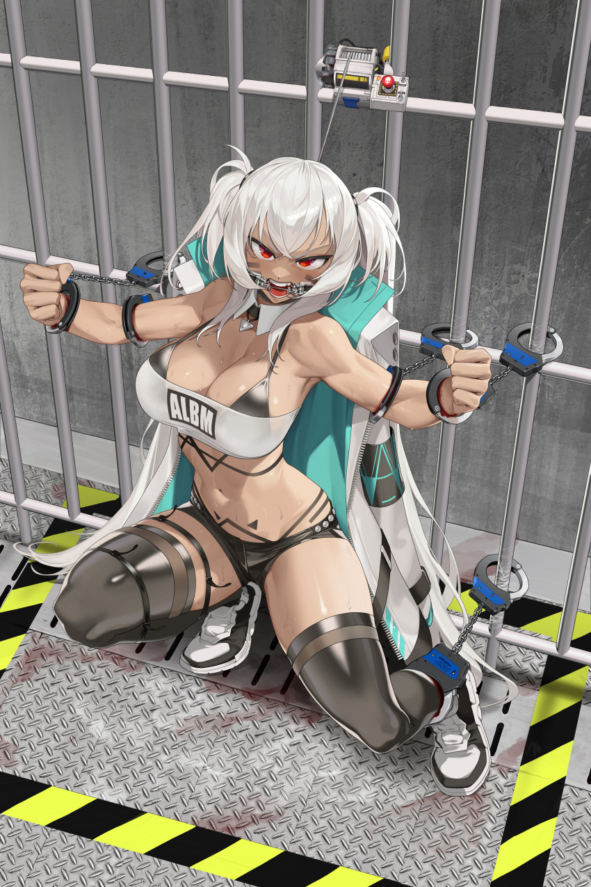 1girl absurdres alabama_(azur_lane) angry aronman azur_lane bare_shoulders bars bikini bikini_under_clothes black_bikini black_footwear black_thighhighs blood blood_on_clothes blood_stain body_markings breasts chinese_commentary cleavage clenched_hands clothes_writing coat coat_on_shoulders collarbone commentary_request commission cuffs dark-skinned_female dark_skin detached_collar facial_mark full_body gagged hair_between_eyes handcuffs highleg highleg_bikini highres iron_bars large_breasts long_coat long_hair looking_at_viewer navel open_clothes open_coat open_mouth prison prison_cell red_eyes restrained second-party_source shackles shadow shoes short_shorts shorts sidelocks skindentation sneakers solo squatting strapless sweat swimsuit teeth thighhighs tube_top twintails very_long_hair whisker_markings white_coat white_hair white_tube_top