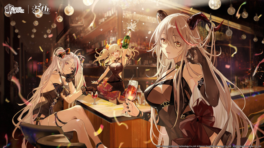 3girls absurdres aegir_(azur_lane) azur_lane black_dress black_gloves black_horns black_nails blonde_hair bluecher_(azur_lane) bottle breasts crossed_legs demon_horns dress drink elbow_gloves english_commentary frilled_gloves frills gloves halterneck highres hitokoto holding holding_drink horns long_hair looking_at_viewer medium_breasts multiple_girls official_art prinz_eugen_(azur_lane) second-party_source single_elbow_glove thigh_strap thighs twintails very_long_hair white_hair wine_bottle yellow_eyes