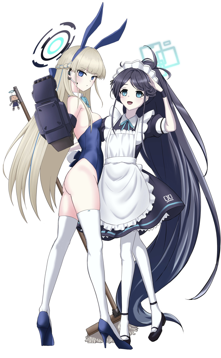 2girls absurdly_long_hair absurdres animal_ears apron aris_(blue_archive) aris_(maid)_(blue_archive) ass back bare_shoulders black_dress black_hair blonde_hair blue_archive blue_eyes blue_leotard blush braid breasts commentary detached_collar dress earpiece fake_animal_ears fake_tail french_braid full_body hair_ribbon halo high_heels highleg highleg_leotard highres leotard long_hair looking_at_viewer looking_back maid maid_apron maid_headdress mechanical_gloves mop multiple_girls official_alternate_costume open_mouth playboy_bunny puffy_short_sleeves puffy_sleeves rabbit_ears rabbit_tail ribbon shidou_(x_2903) short_sleeves side_ponytail sidelocks small_breasts strapless strapless_leotard swept_bangs tail thighhighs thighs toki_(blue_archive) toki_(bunny)_(blue_archive) very_long_hair white_apron white_thighhighs wrist_cuffs