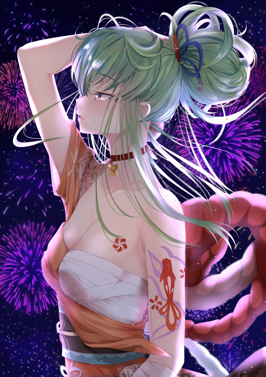 1girl absurdres arm_at_side arm_tattoo arm_up bandaged_chest blush breast_tattoo breasts budgiepon butterfly_ornament c.c. choker cleavage code_geass cosplay expressionless eyelashes fireworks from_side genshin_impact green_hair hair_between_eyes hair_bun highres japanese_clothes kimono light_particles lips long_hair looking_afar medium_breasts night nose orange_kimono parted_lips profile red_choker short_sleeves sidelocks solo straight_hair tattoo upper_body wide_sleeves yellow_eyes yoimiya_(genshin_impact) yoimiya_(genshin_impact)_(cosplay)