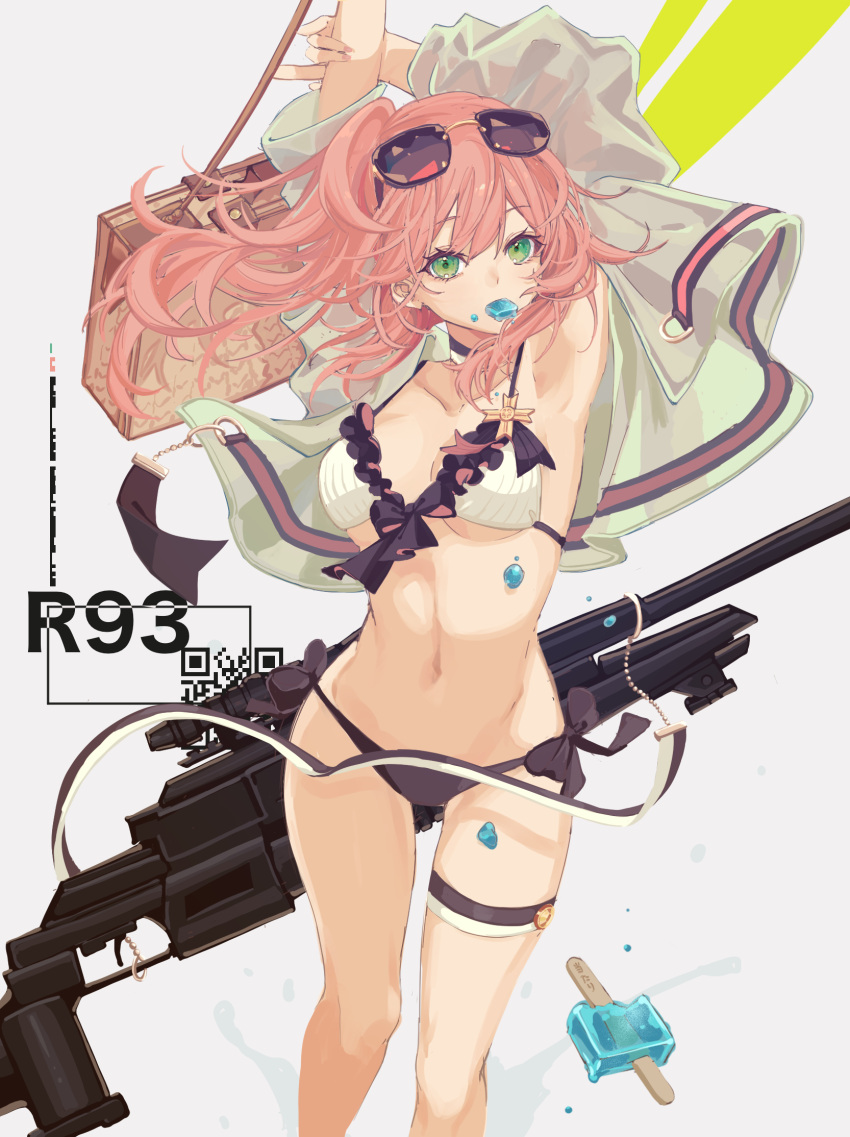 armpits arms_up bikini blaser_r93 bolt_action cropped_jacket eyewear_on_head food food_in_mouth frilled_bikini frills front-tie_bikini_top front-tie_top girls'_frontline green_eyes gun highres jacket long_hair mismatched_bikini official_alternate_costume open_clothes open_jacket pink_hair popsicle r93_(girls'_frontline) r93_(holiday_lucky_star)_(girls'_frontline) rabb_horn rifle side-tie_bikini_bottom side_ponytail sniper_rifle sunglasses swimsuit weapon