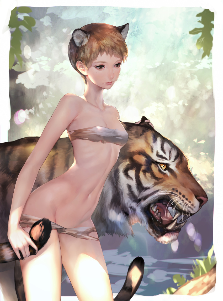 1girl animal_ear_fluff animal_ears border breasts brown_eyes brown_hair closed_eyes hand_on_animal highres hitowa lips looking_afar looking_down mole mole_under_eye navel original outside_border rags short_hair small_breasts solo tail tiger tiger_ears tiger_girl tiger_tail torn_clothes white_border yellow_eyes