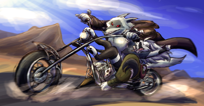 anthro canid canid_demon canine canis clothed clothing cloudscape crossover death_(puss_in_boots) demon desert dreamworks duo female grin hair happy hellhound helluva_boss hi_res long_hair loona_(helluva_boss) male male/female mammal motorcycle outside puss_in_boots_(film) puss_in_boots_the_last_wish riding_motorcycle road rock sky smile smirk ultimatellurker vehicle wolf