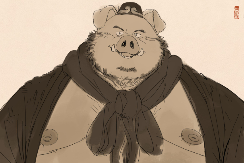 2023 absurd_res anthro belly big_belly clothing hat headgear headwear hi_res huynhduyad14 kemono male mammal moobs nipples overweight overweight_male portrait solo suid suina sus_(pig) wild_boar